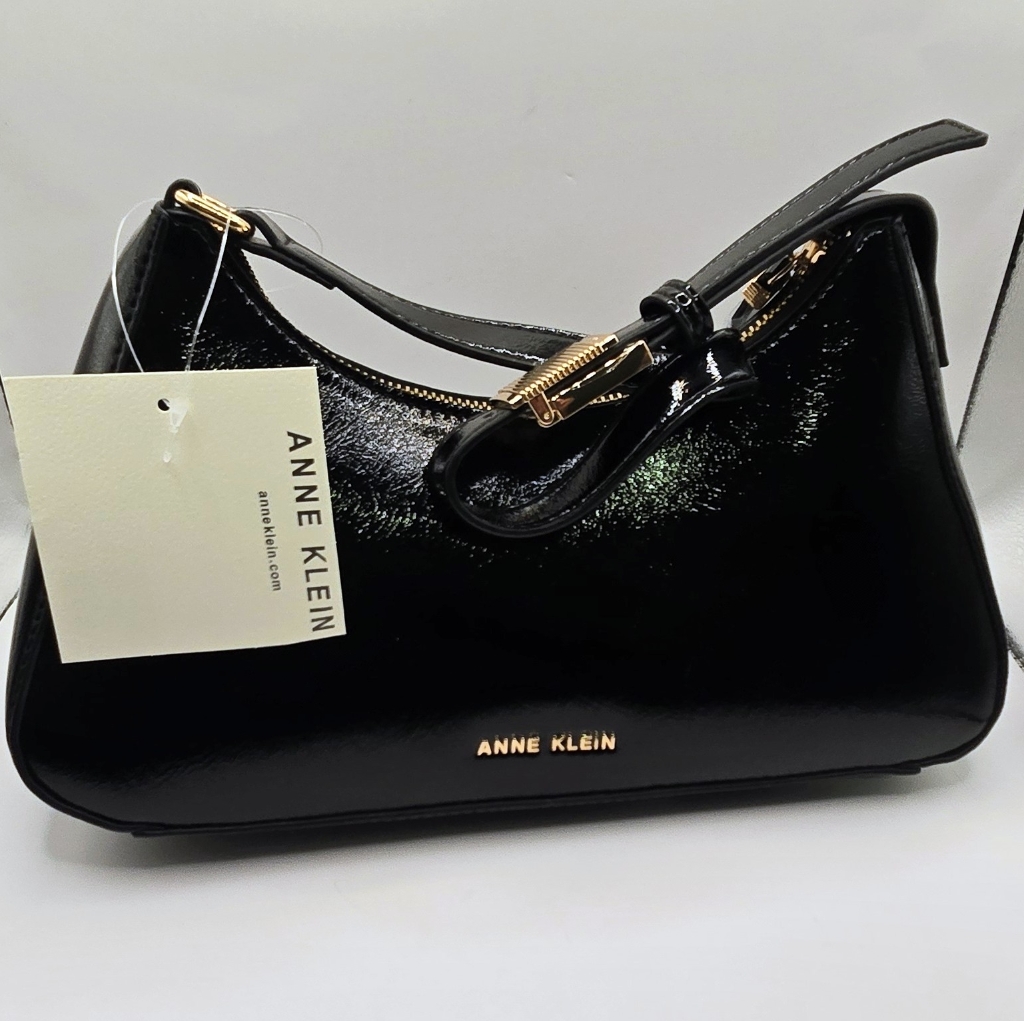Anne Klein Black Patent Shoulder Bag Gold-Tone Hardware Nwt.